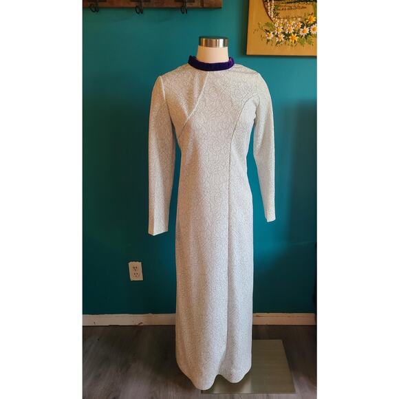 Women's M vintage 1960s lurex and velvet trim maxi dress mod winter futuristic - Picture 1 of 6